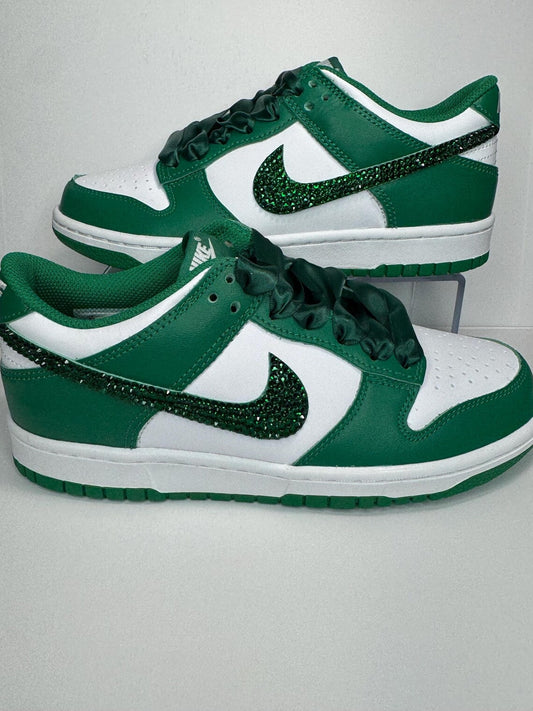 Custom Dunk White Green Rhinestones Satin Laces