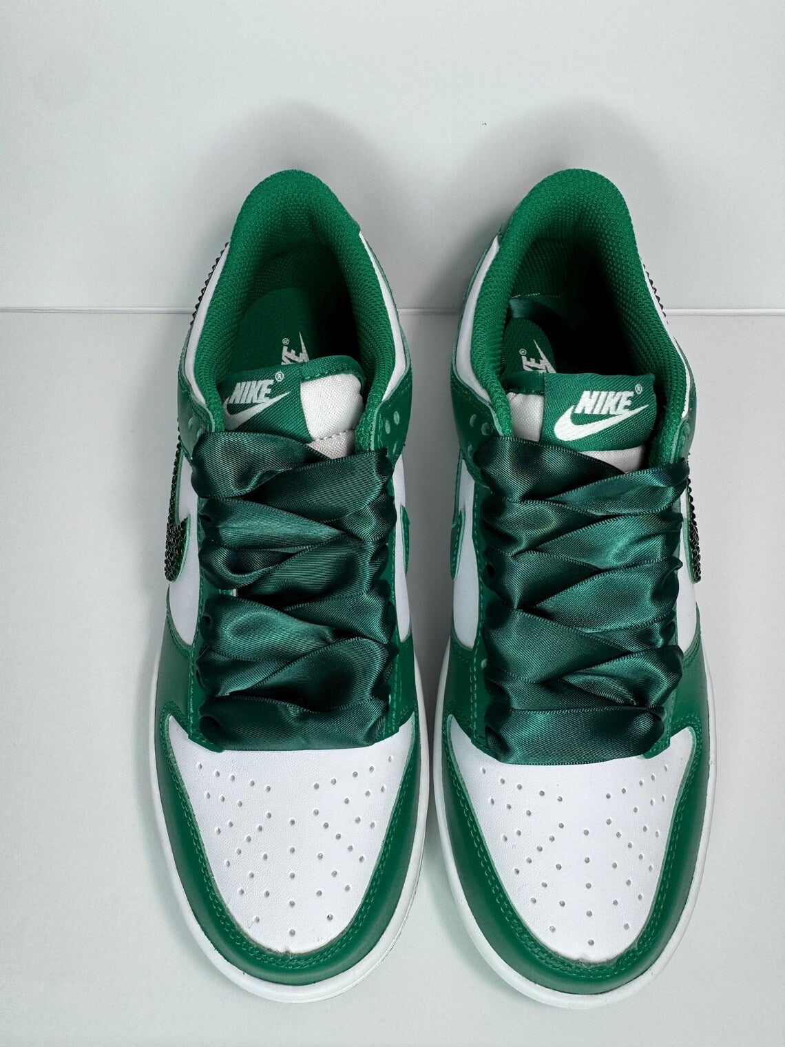 Custom Dunk White Green Rhinestones Satin Laces