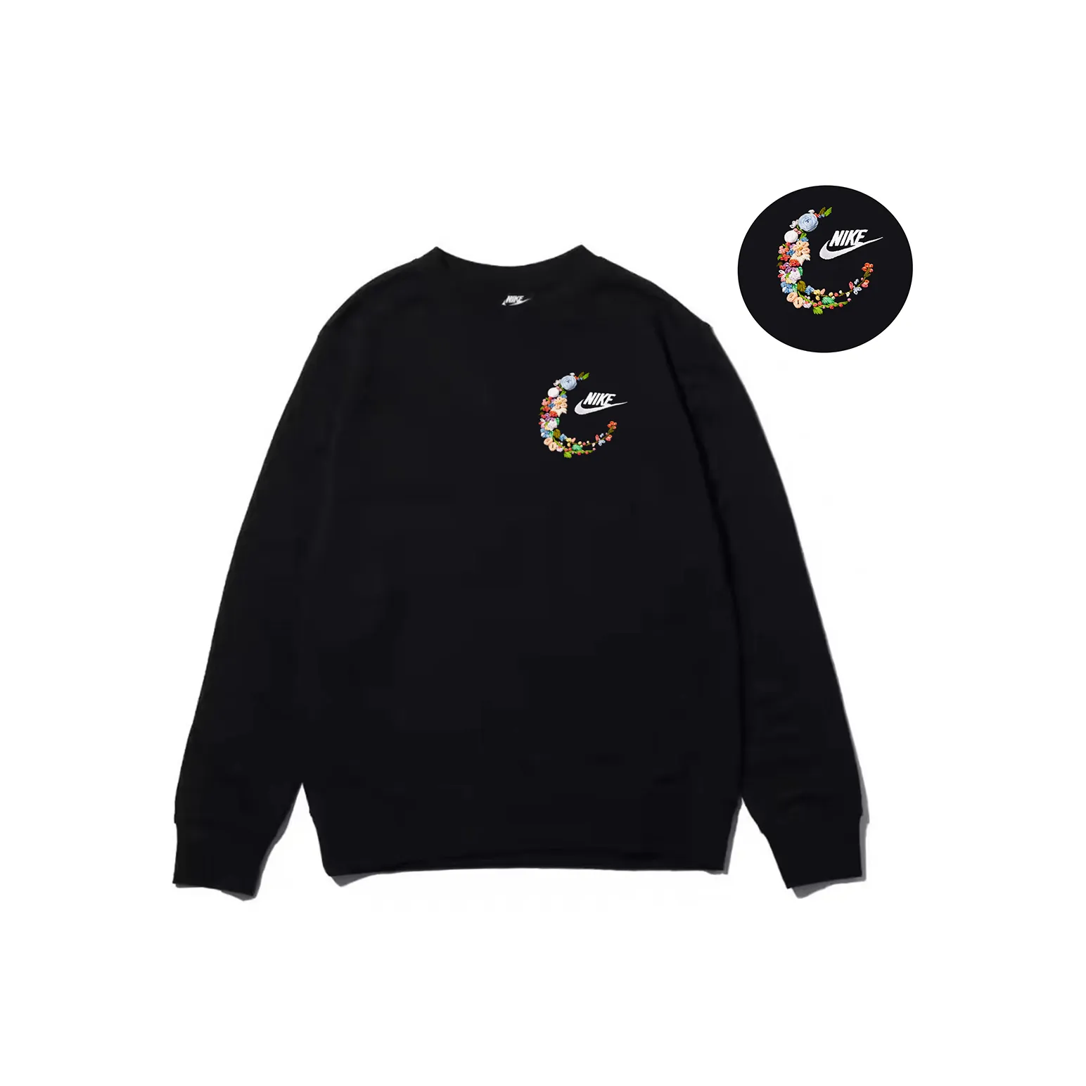 Custom Embroidery Nike Sweatshirt Black Colorful Floral