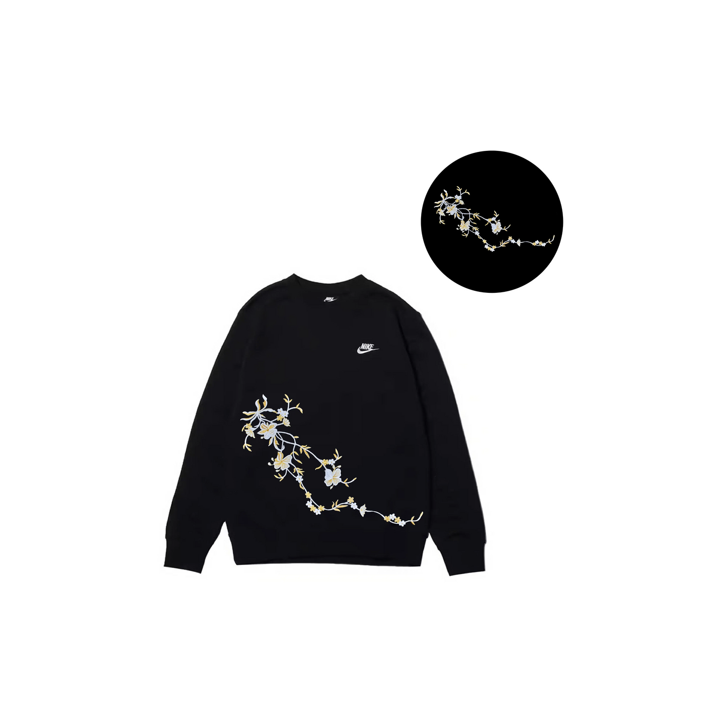 Custom Embroidery Nike Sweatshirt Black Floral Pattern