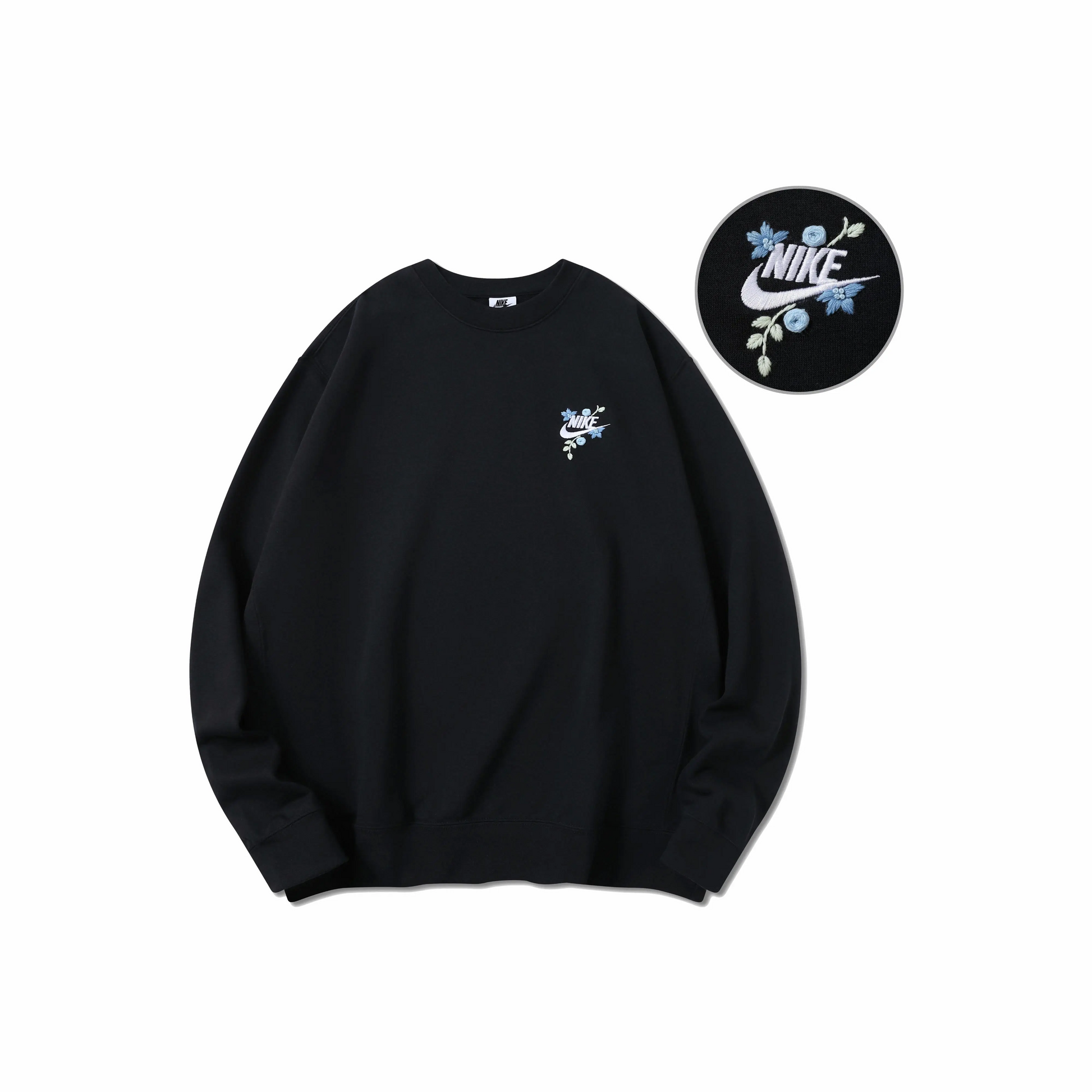 Custom Embroidery Nike Sweatshirt Black With Blue Flower
