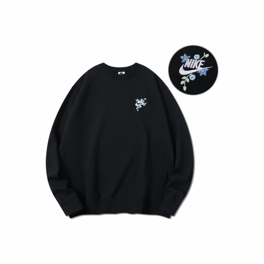 Custom Embroidery Nike Sweatshirt Black With Blue Flower