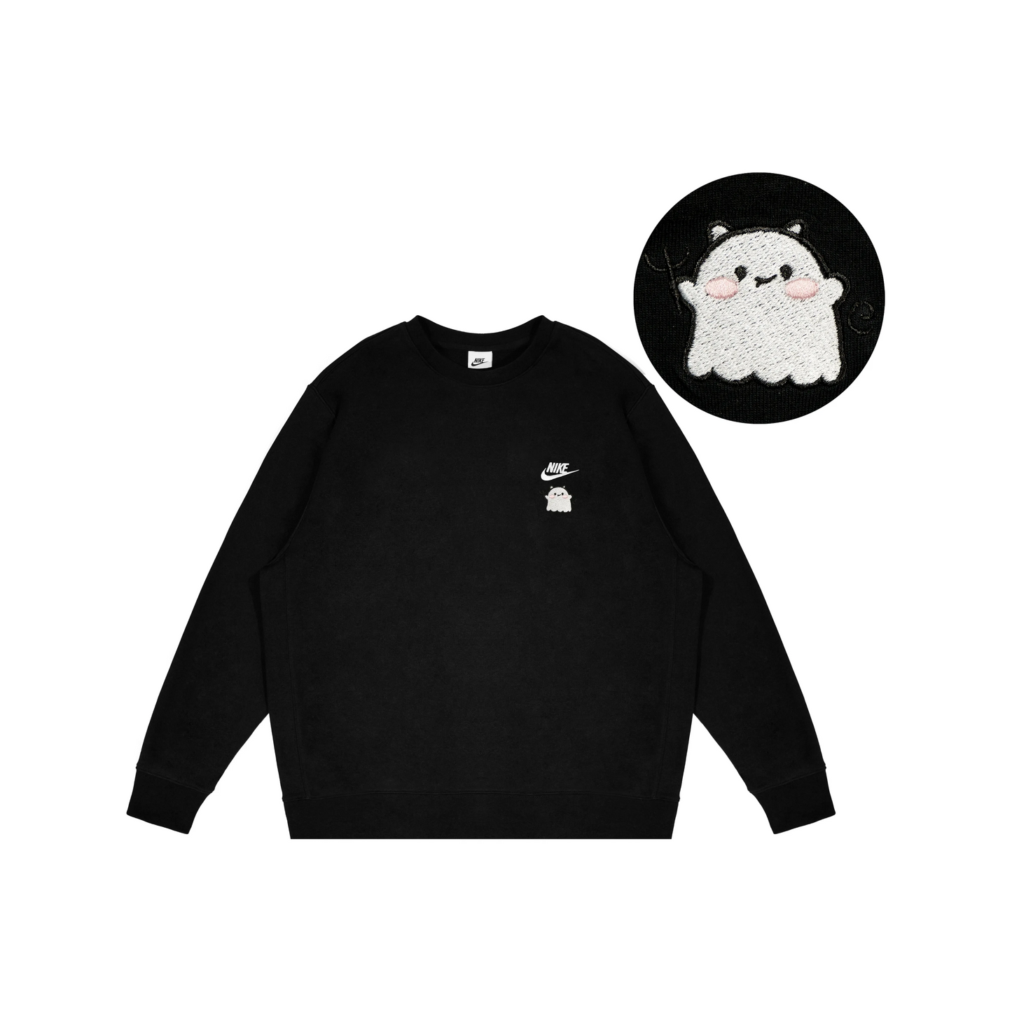 Custom Embroidery Nike Sweatshirt Black With White Cute Ghost