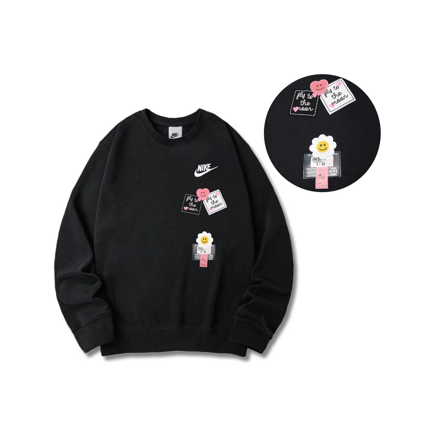 Custom Nike Sweatshirt Black With Pink Heart And White Flower