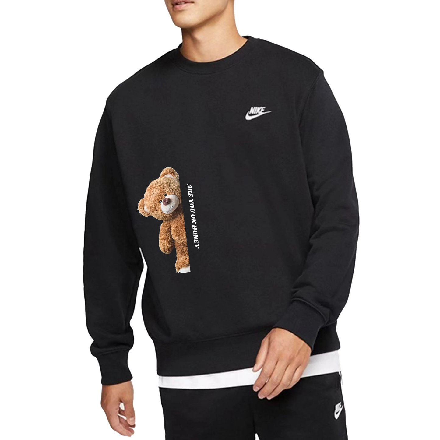 Custom Nike Sweatshirt Black With Teddy Bear Pattern And Text