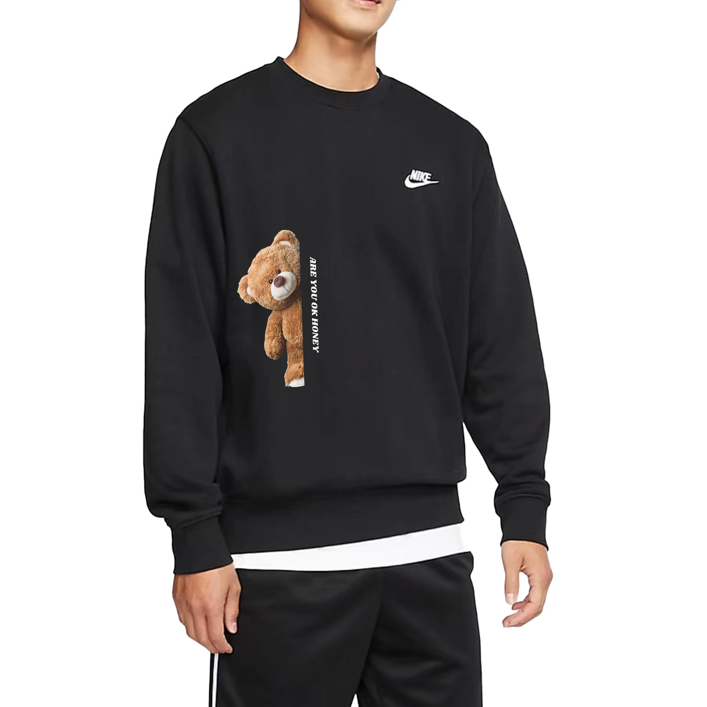 Custom Nike Sweatshirt Black With Teddy Bear Pattern And Text