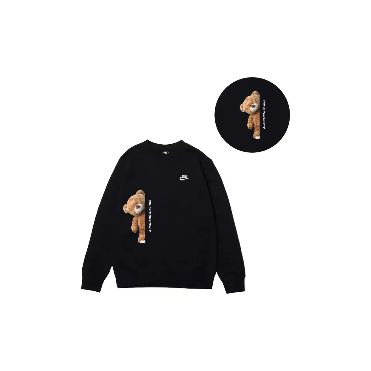 Custom Nike Sweatshirt Black With Teddy Bear Pattern And Text