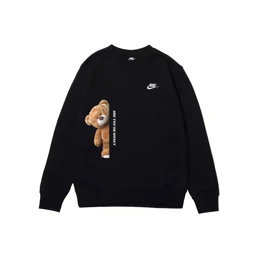 Custom Nike Sweatshirt Black With Teddy Bear Pattern And Text