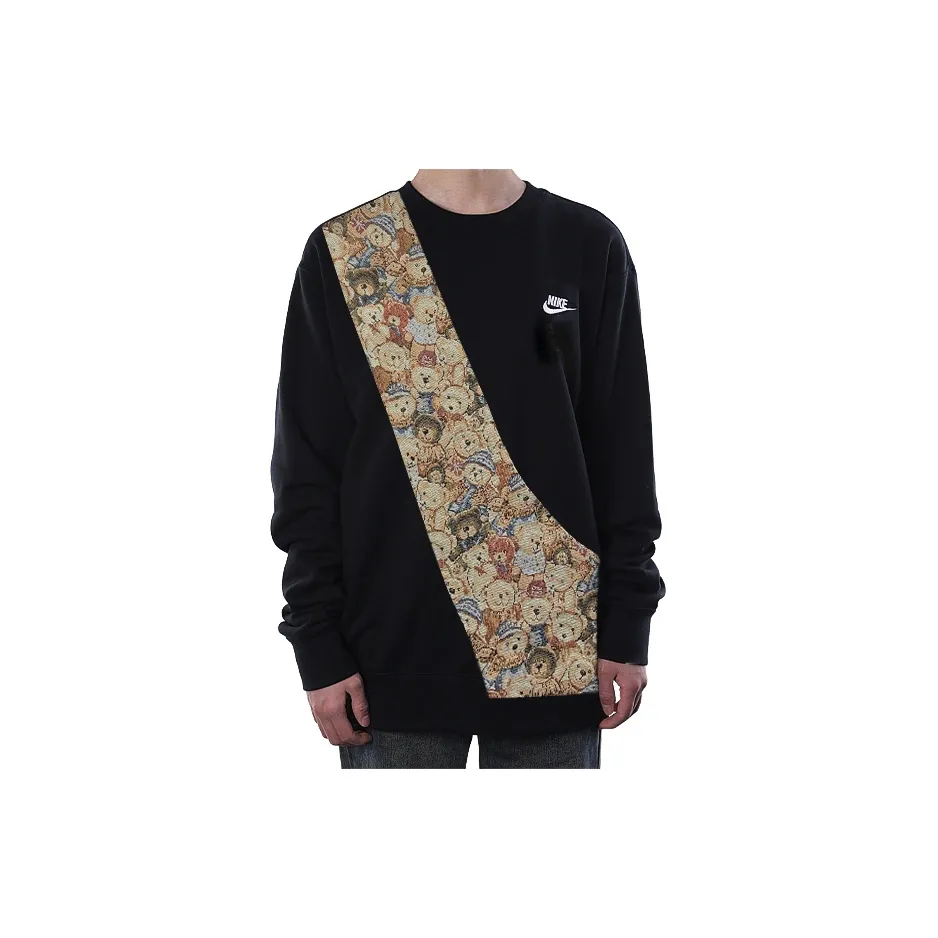 Custom Nike Sweatshirt Teddy Bear Pattern Black Khaki