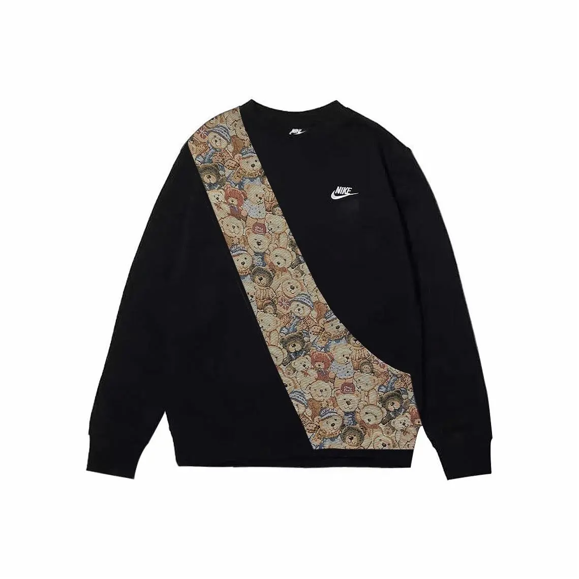 Custom Nike Sweatshirt Teddy Bear Pattern Black Khaki