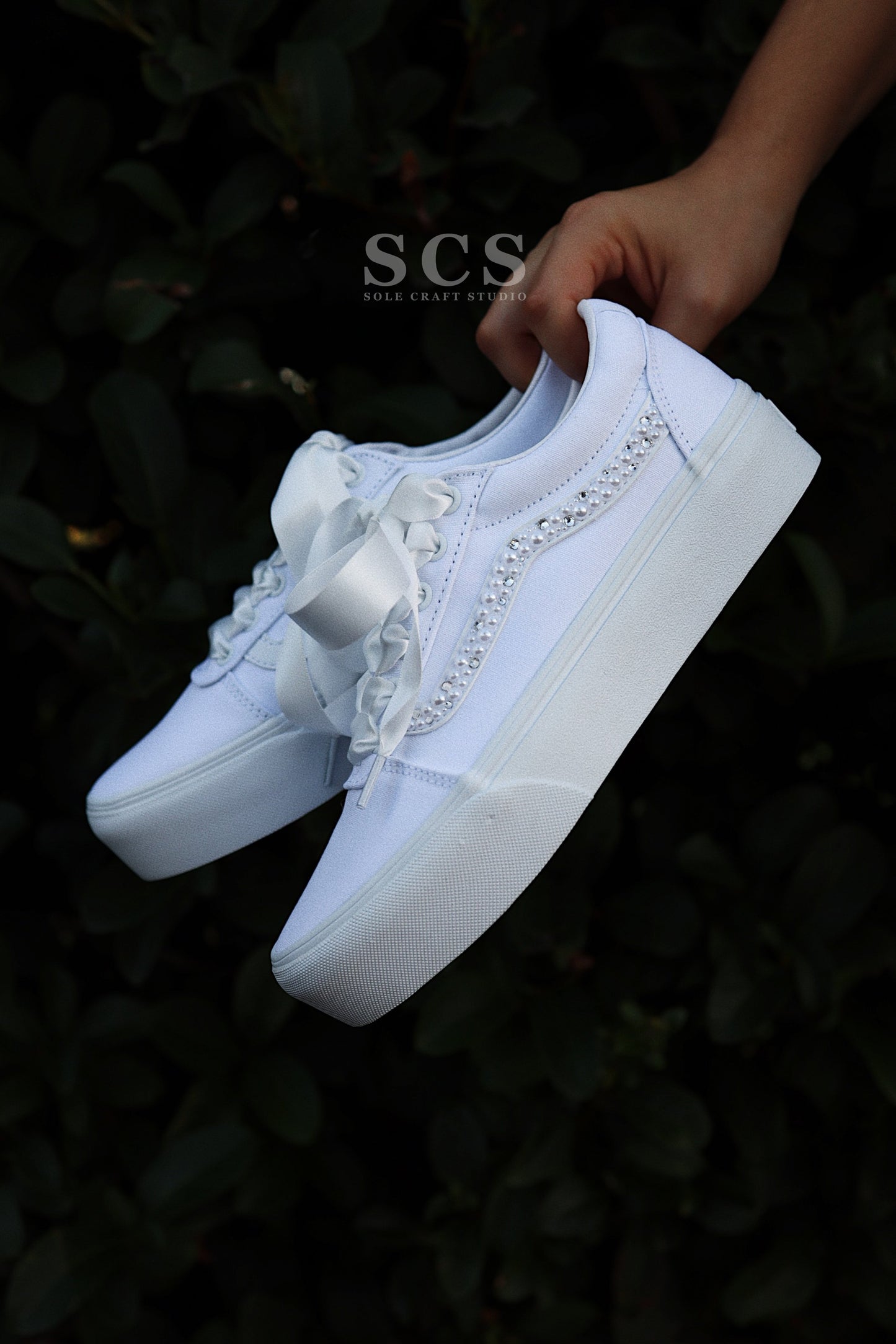 Custom Vans White With Ribbons And Rhinestones
