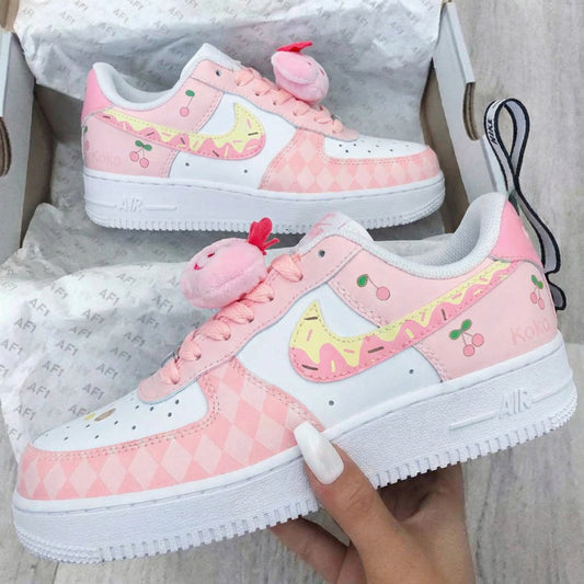 Cute Fun Baby Pink White Cherry Print Custom AF 1s Shoes