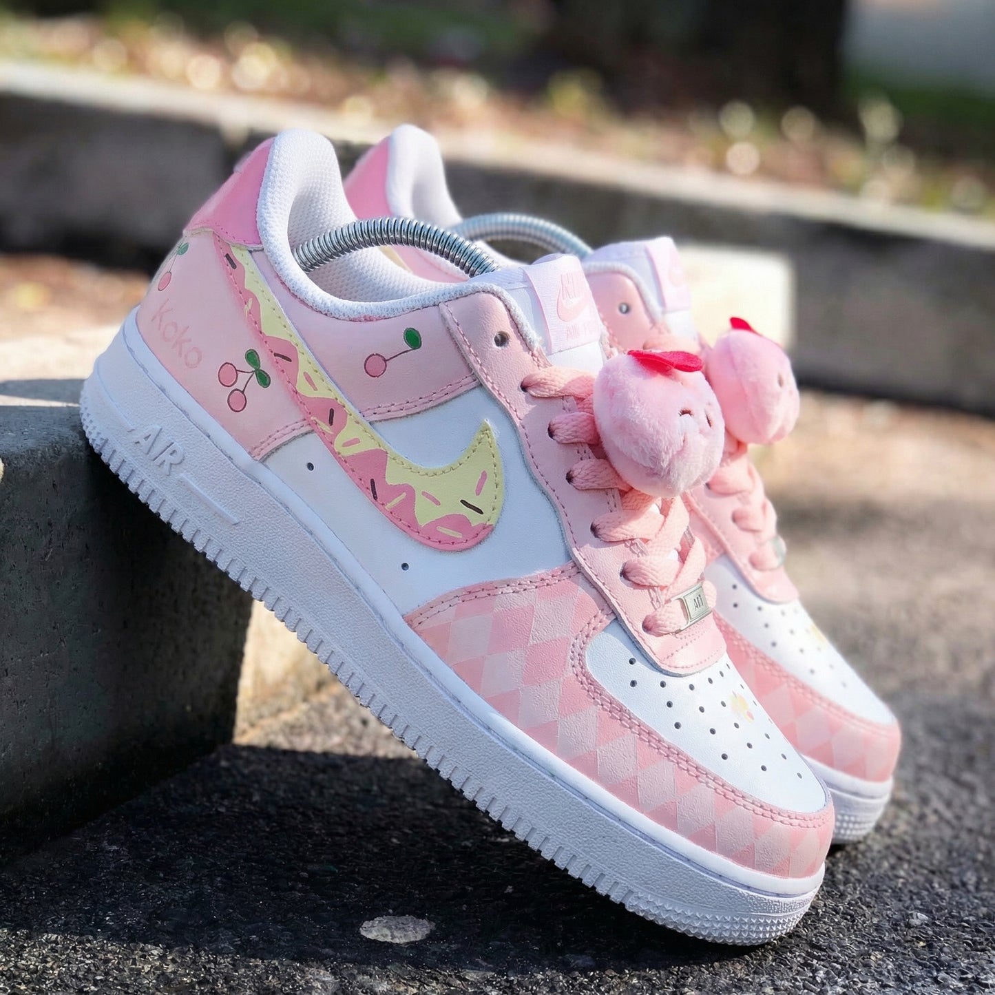 Cute Fun Baby Pink White Cherry Print Custom AF 1s Shoes