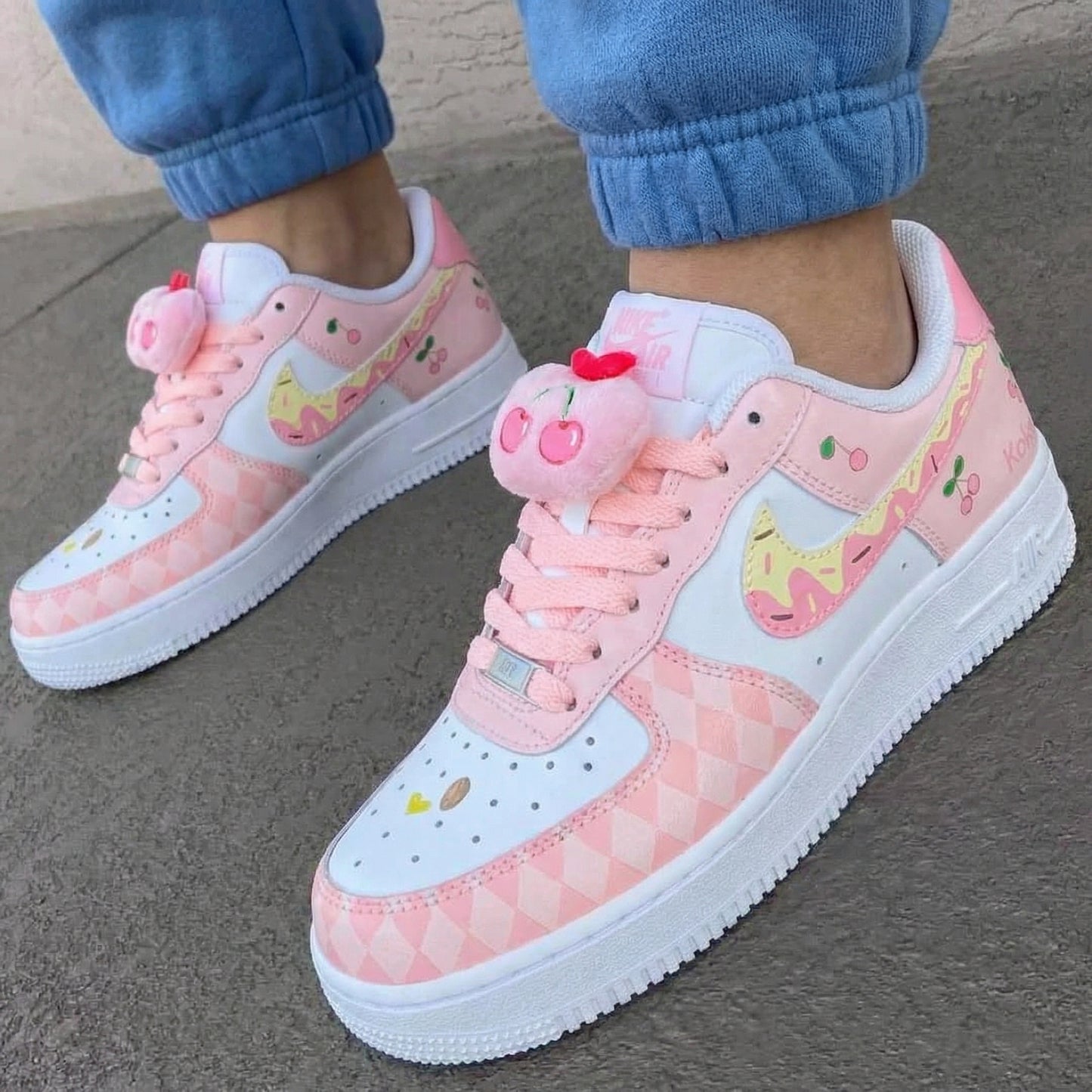 Cute Fun Baby Pink White Cherry Print Custom AF 1s Shoes