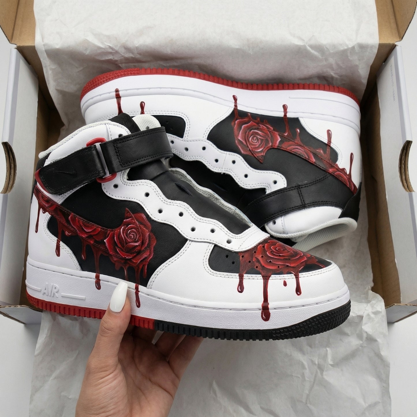 Dark Black White Red Rose Custom AF 1s Shoes