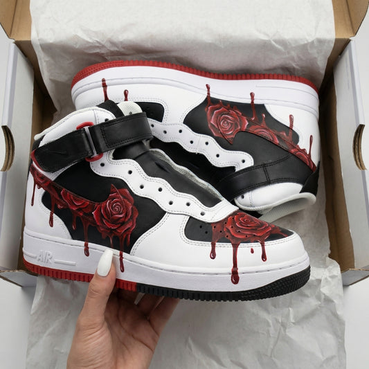 Dark Black White Red Rose Custom AF 1s Shoes
