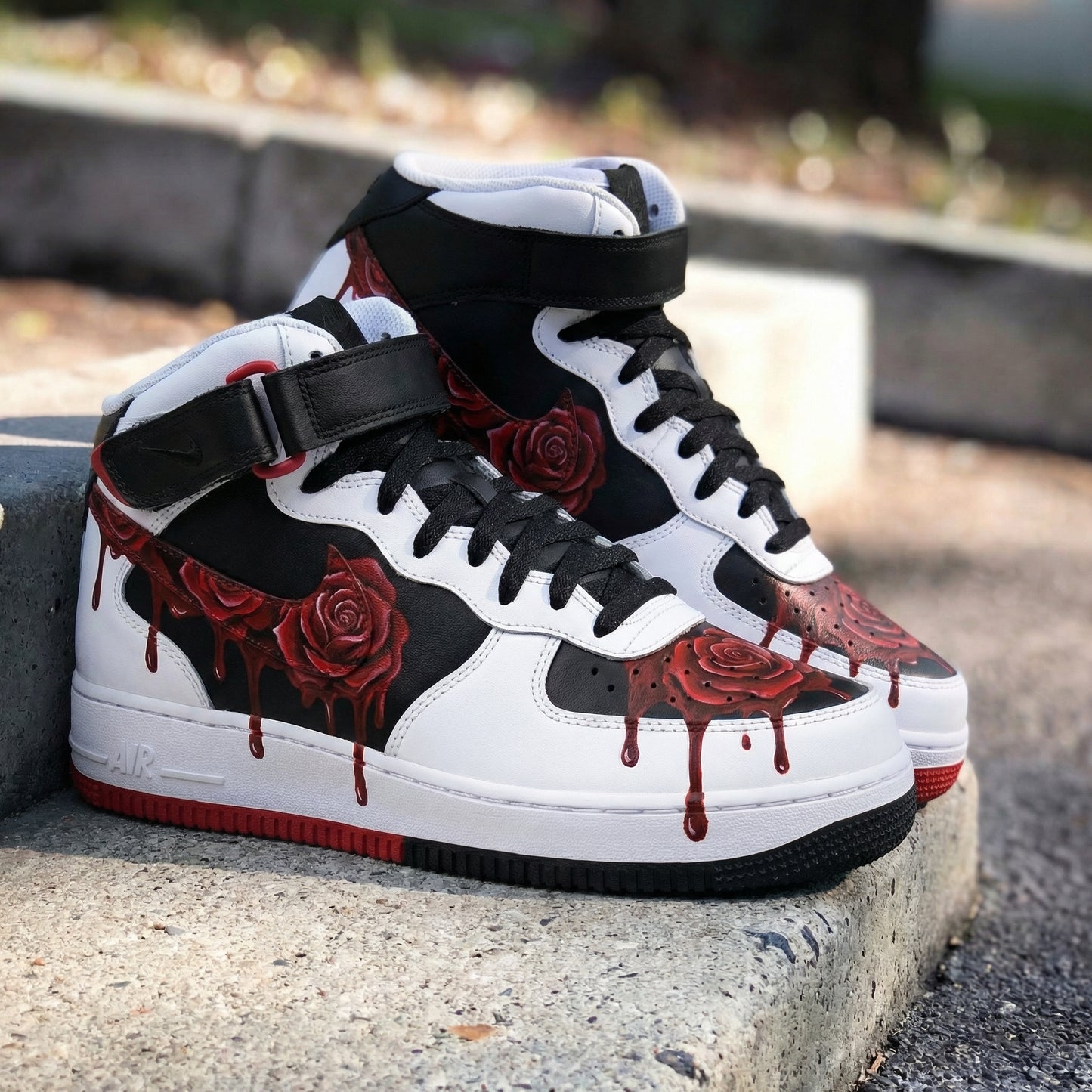 Dark Black White Red Rose Custom AF 1s Shoes