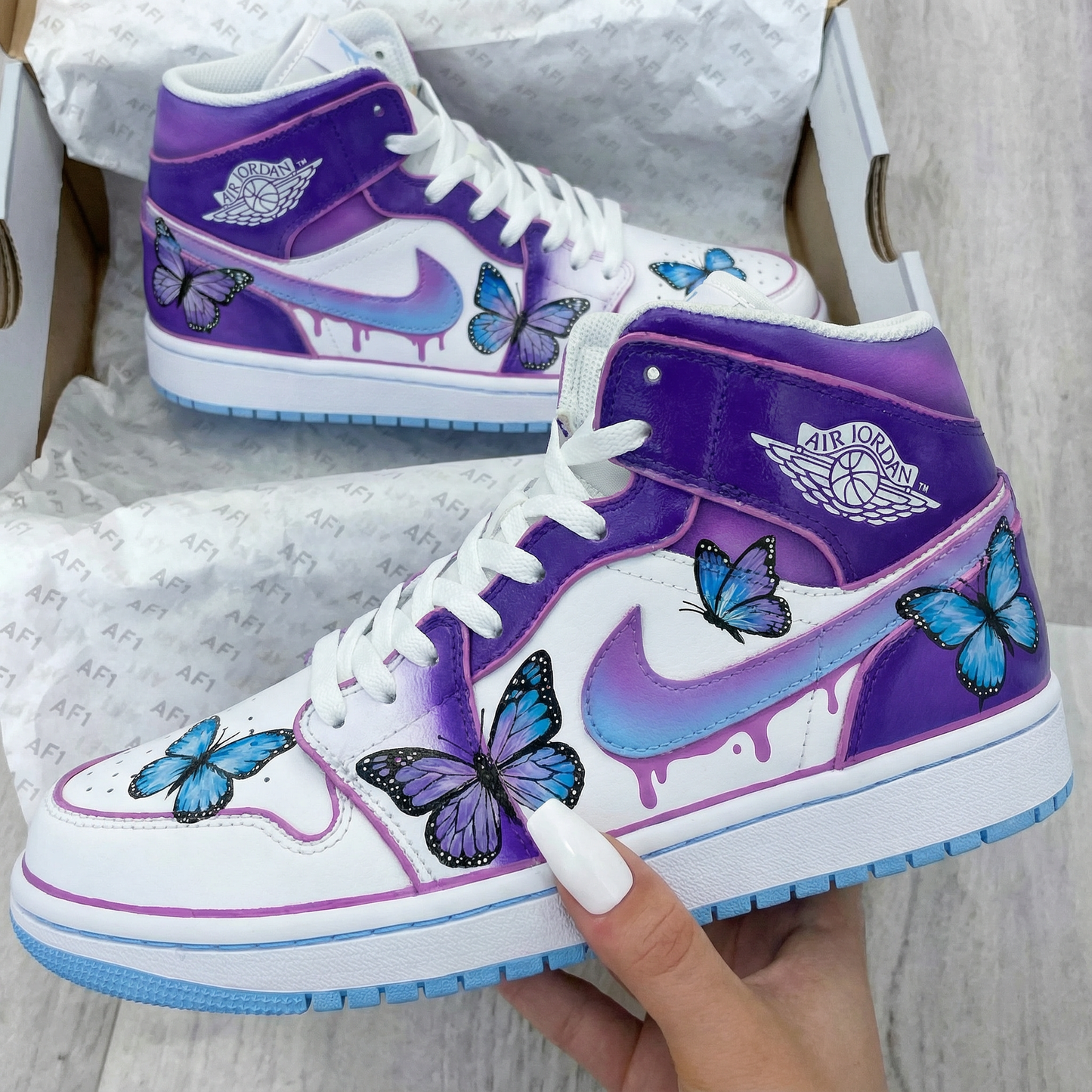 Dreamy Purple Blue Butterflies Custom AJ 1s Shoes