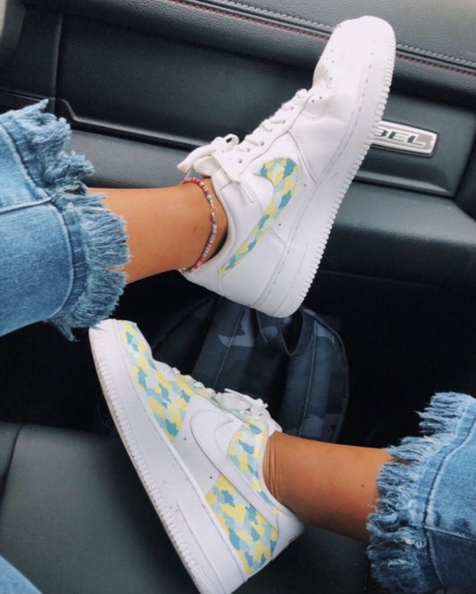 Edgy Blue Yellow Camo Print Custom AF 1s Shoes