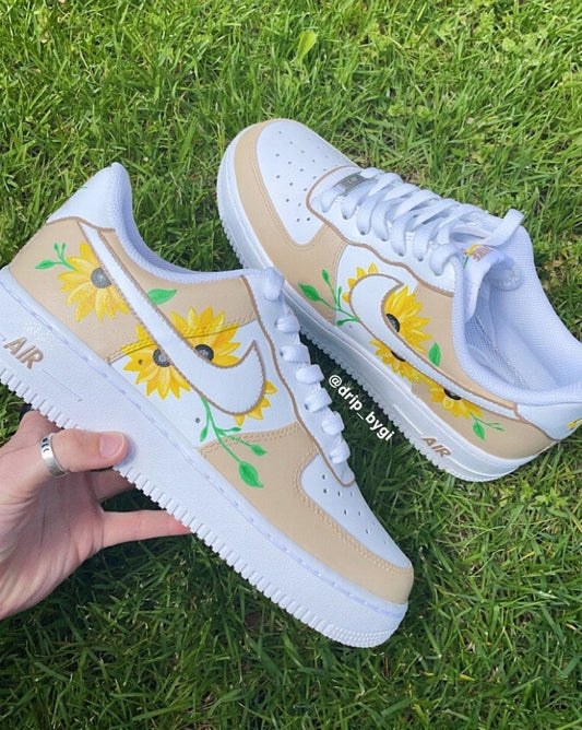 Elegant Beige White Sunflower Floral Custom AF 1s Shoes