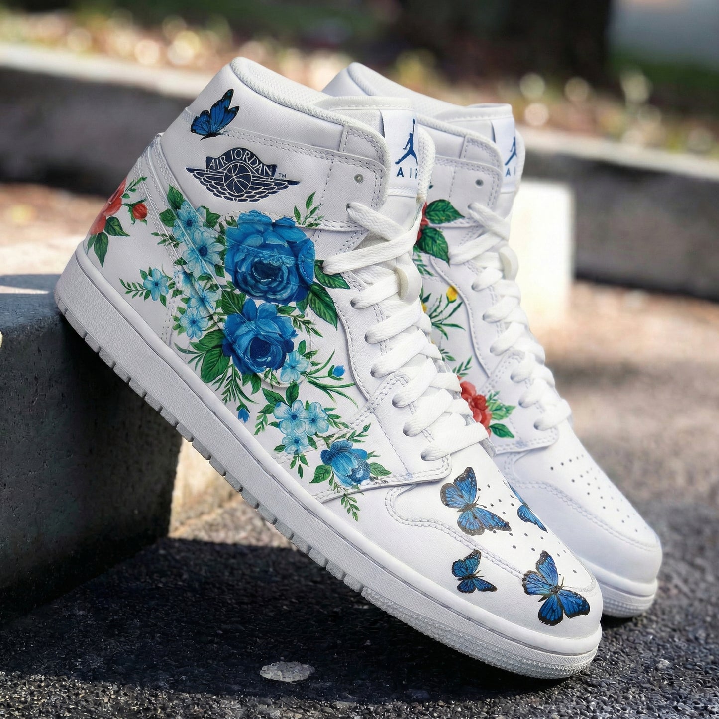 Elegant Blue Red Butterfly Bloom Custom AJ 1s Shoes
