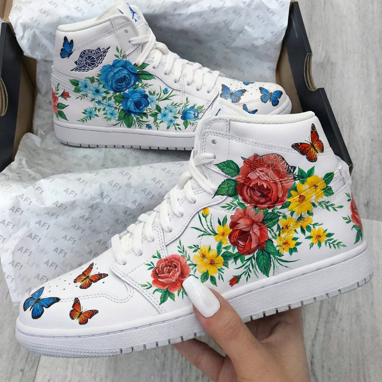 Elegant Blue Red Butterfly Bloom Custom AJ 1s Shoes