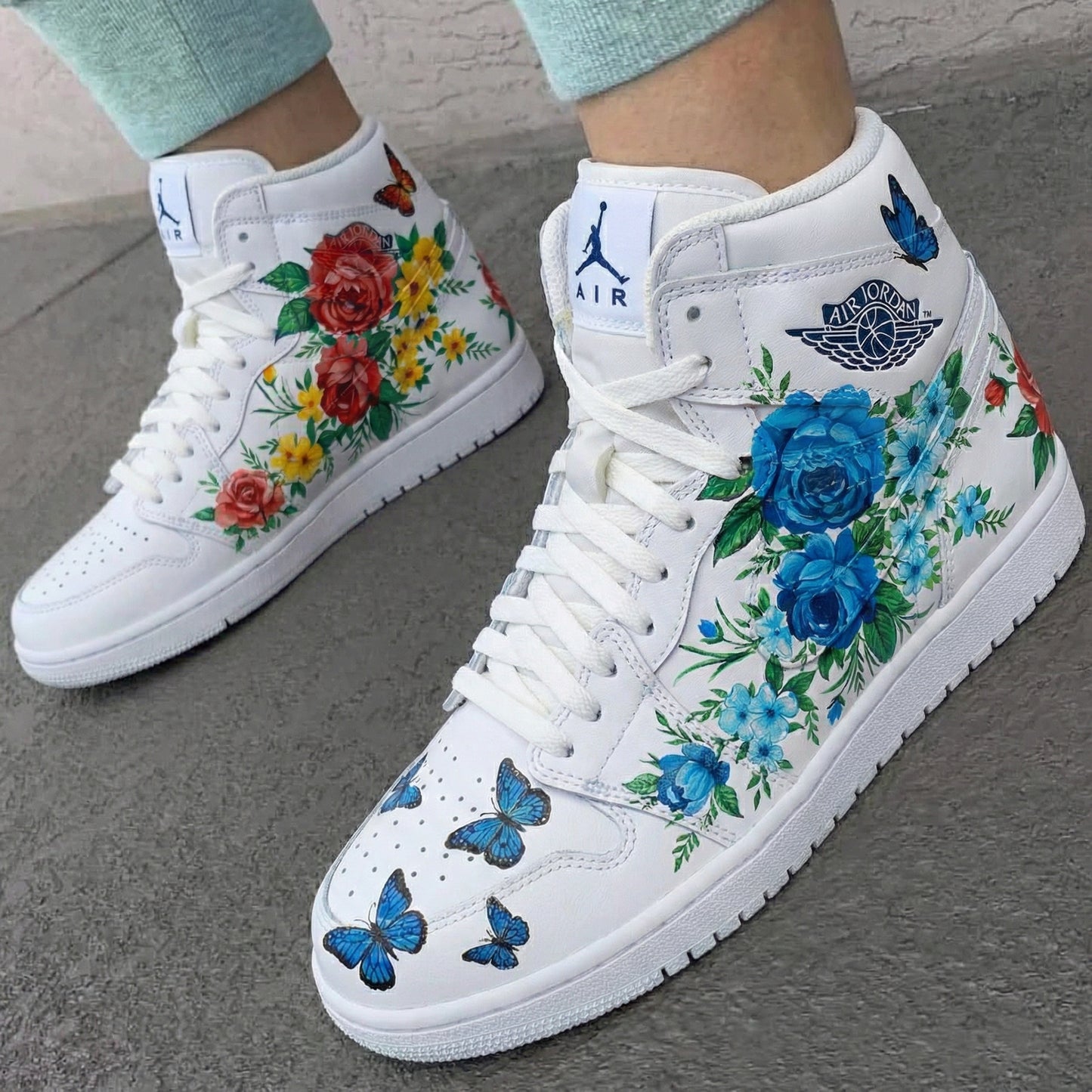Elegant Blue Red Butterfly Bloom Custom AJ 1s Shoes