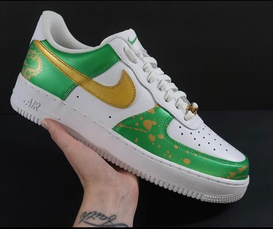Elegant Green Gold Dragon Custom AF 1s Shoes
