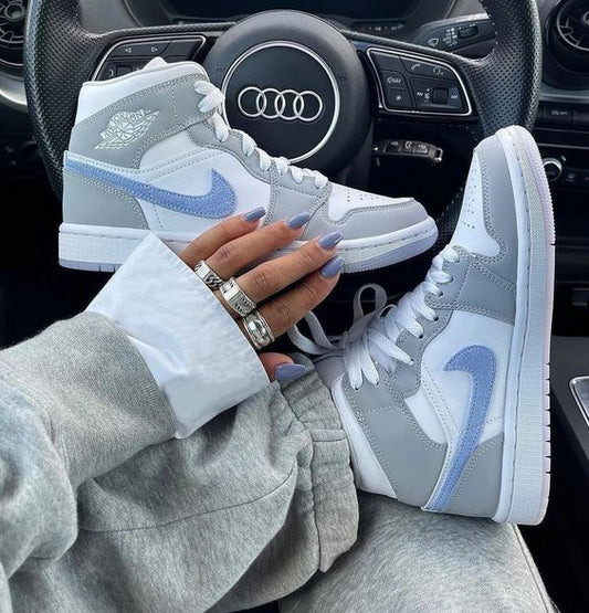 Elegant Grey and Soothing Baby Blue Custom AJ 1s Shoes