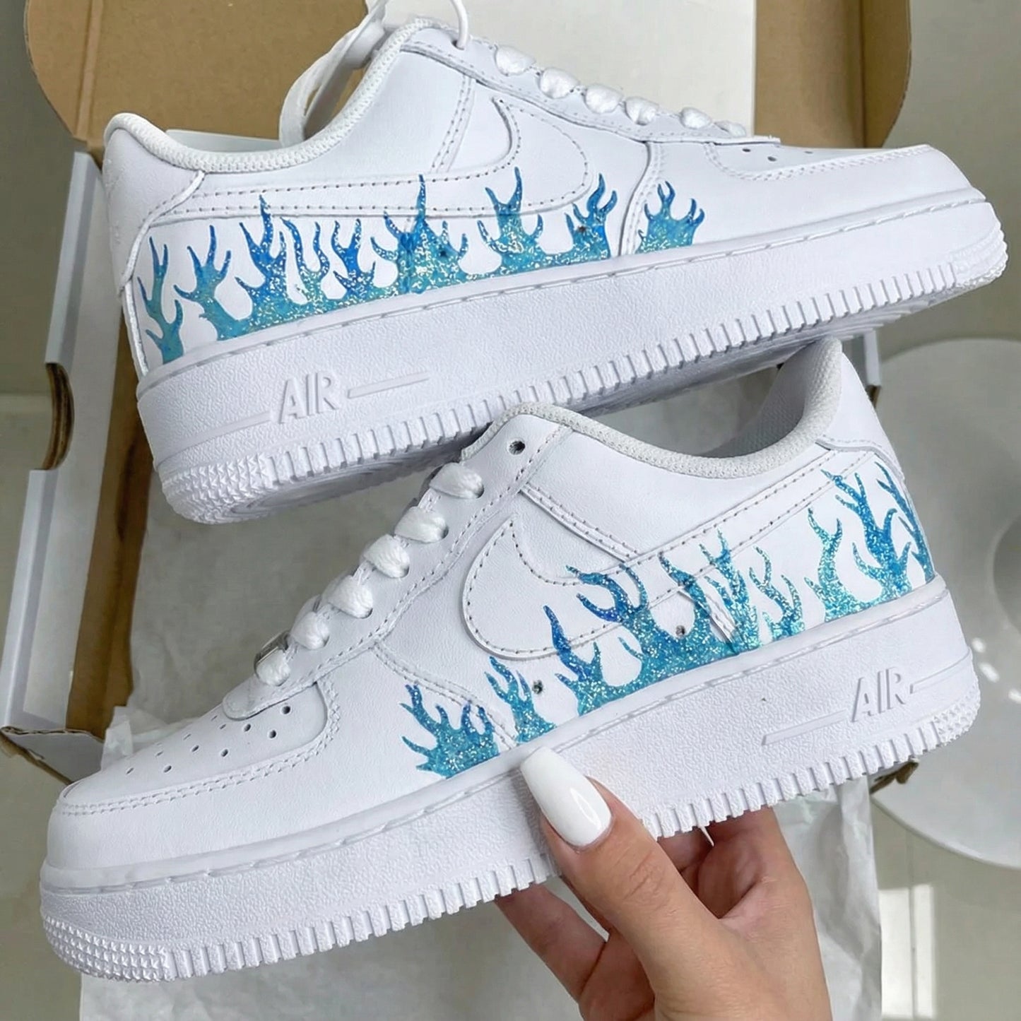 Explosive Energy Blue Glitter Flame Custom AF 1s Shoes