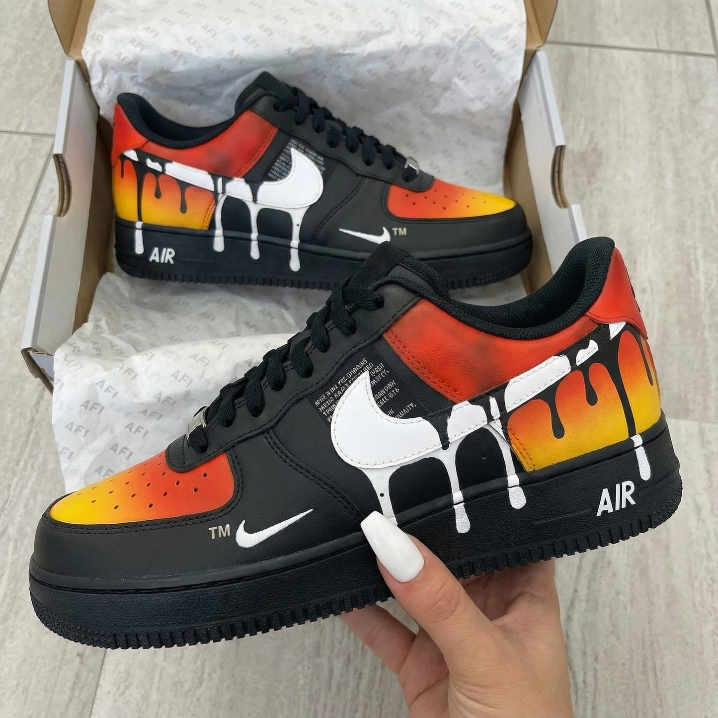 Fiery Black Orange Drip Custom AF 1s Shoes