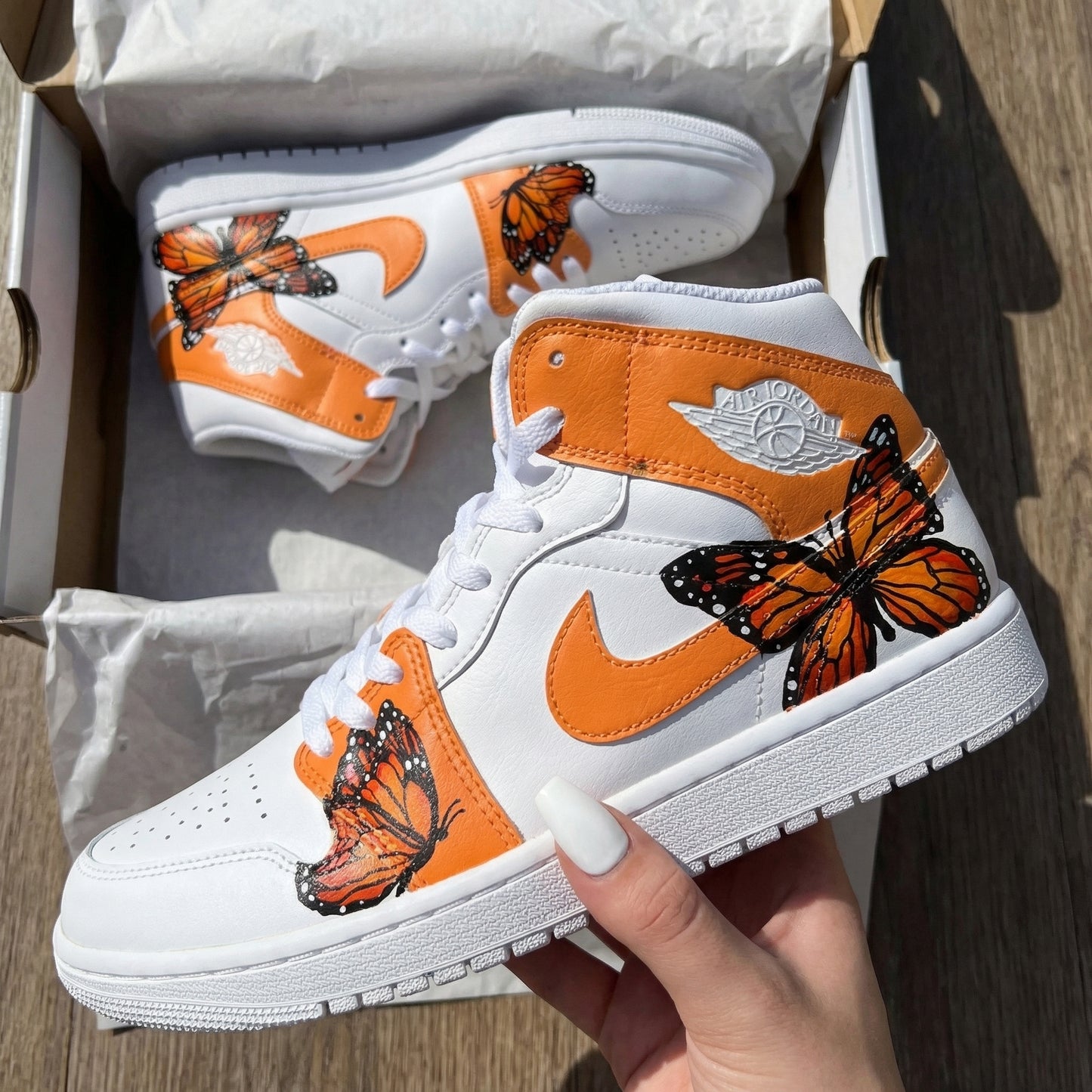 Free Flying Orange White Monarch Butterfly Custom AJ 1s Shoes