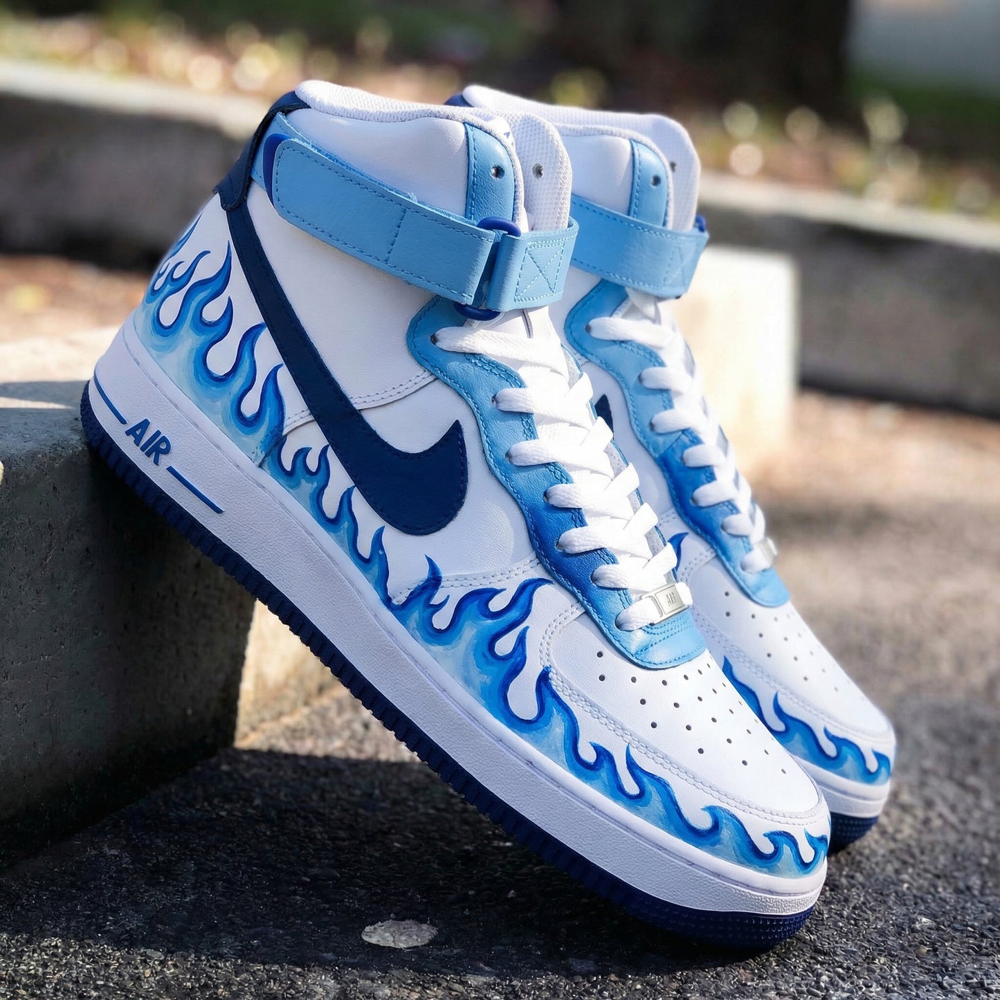 Fresh Baby Blue Navy Flame Custom AF 1s Shoes