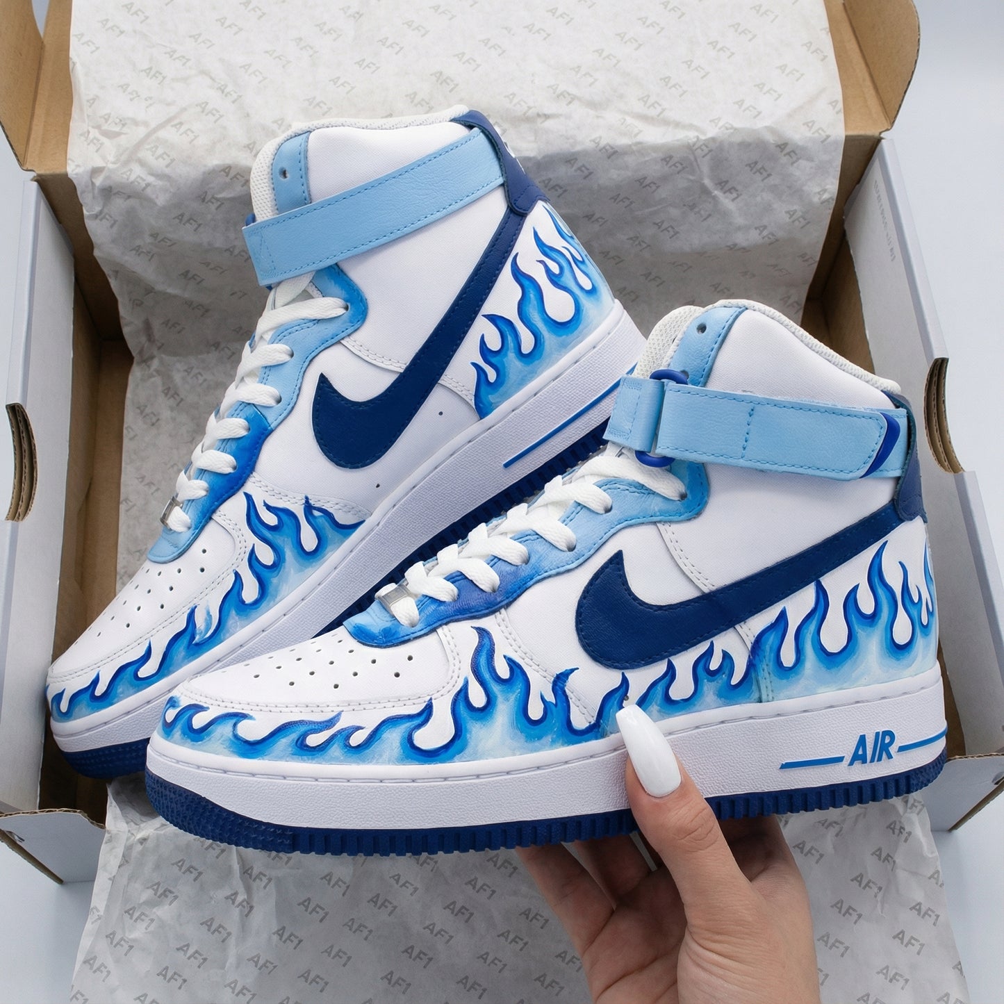Fresh Baby Blue Navy Flame Custom AF 1s Shoes