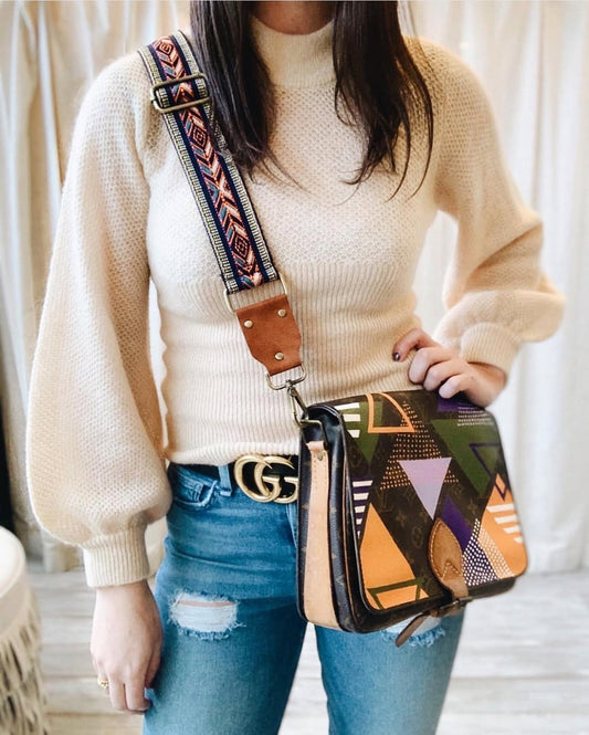 Custom Hand Painted Geometric Crossbody Bag with Wide Strap