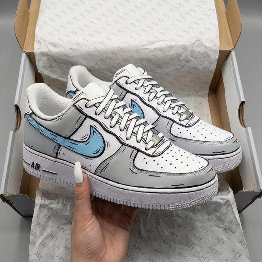 Gray Baby Blue Cartoon Style Custom AF 1s Shoes
