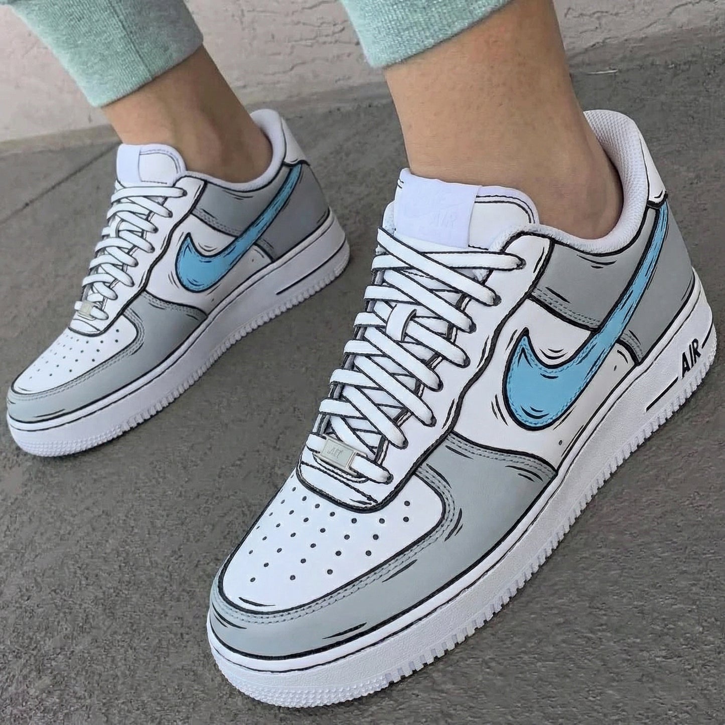 Gray Baby Blue Cartoon Style Custom AF 1s Shoes