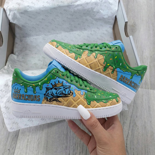 Green Baby Blue Cream Drip Waffle Barracudas Fish Custom AF 1s Shoes