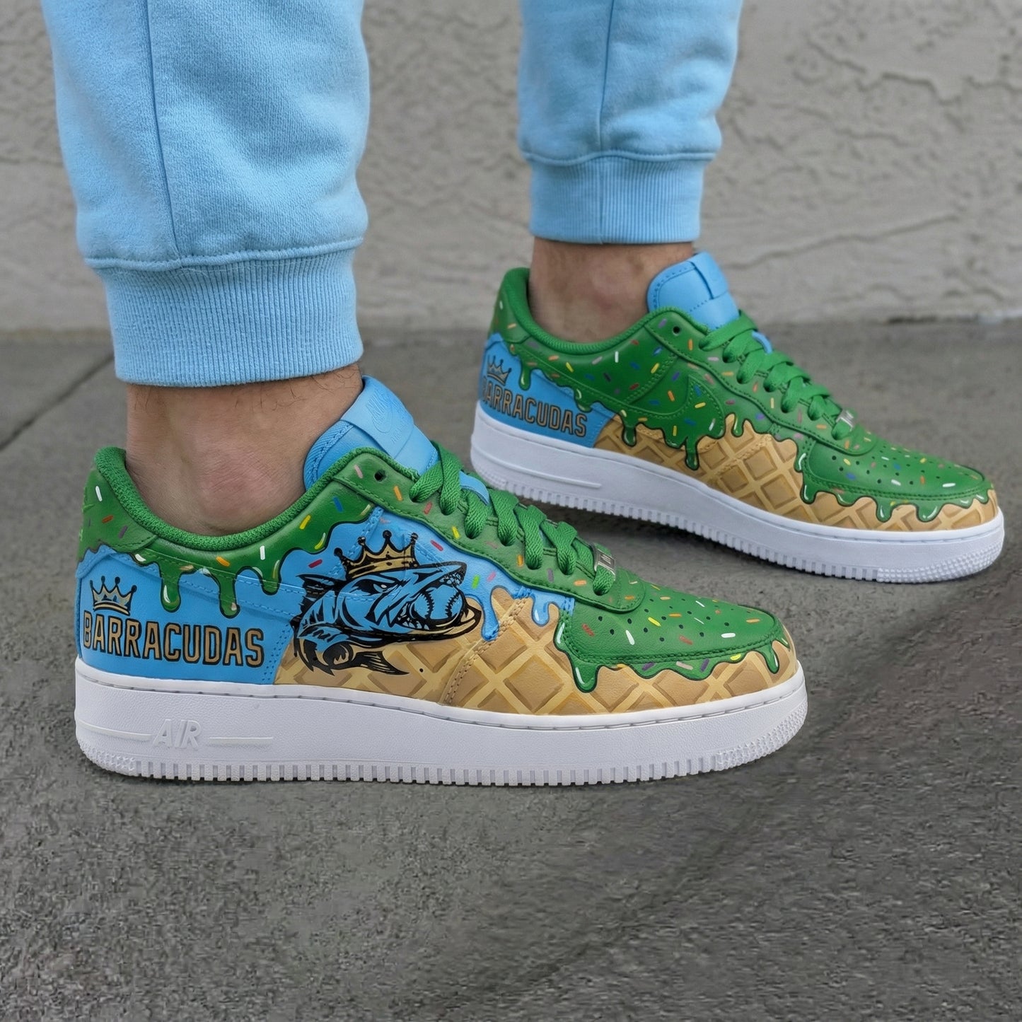 Green Baby Blue Cream Drip Waffle Barracudas Fish Custom AF 1s Shoes