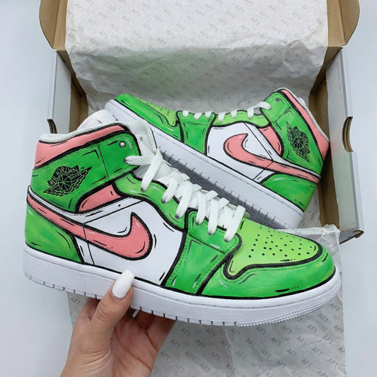 Green Baby Pink Cartoon Style Custom AJ 1s Shoes