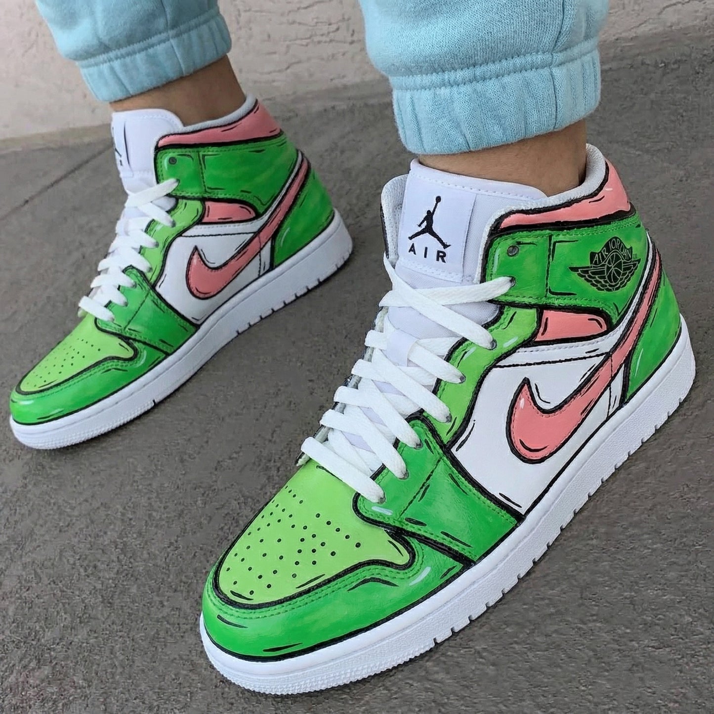 Green Baby Pink Cartoon Style Custom AJ 1s Shoes