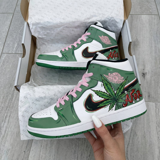 Green Pink Weed Custom AJ 1s Shoes