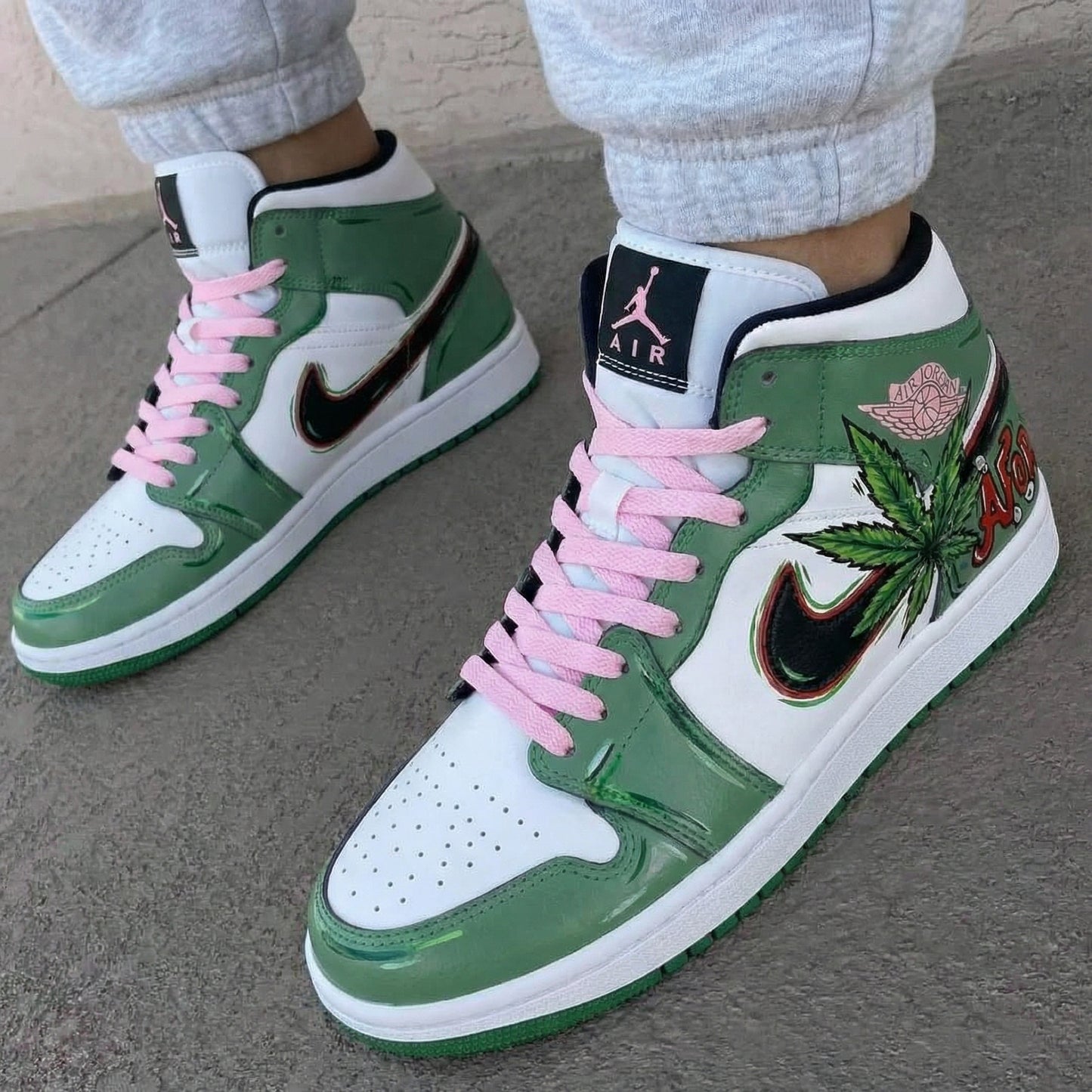 Green Pink Weed Custom AJ 1s Shoes