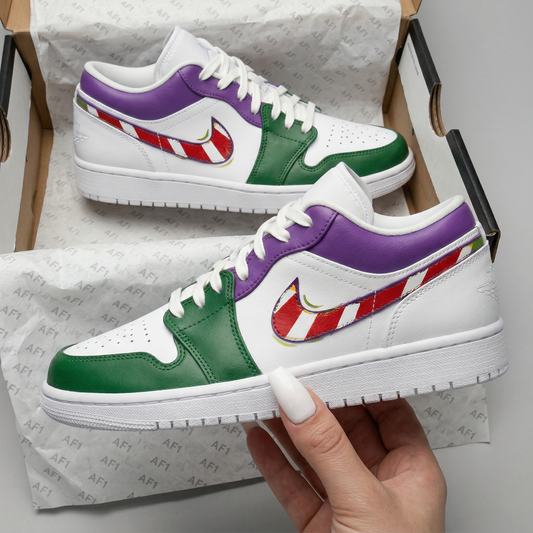 Green Purple Red White Striped Swoosh Custom AJ 1s Shoes