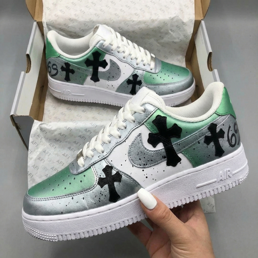 Green Silver Black Crosses Custom AF 1s Shoes