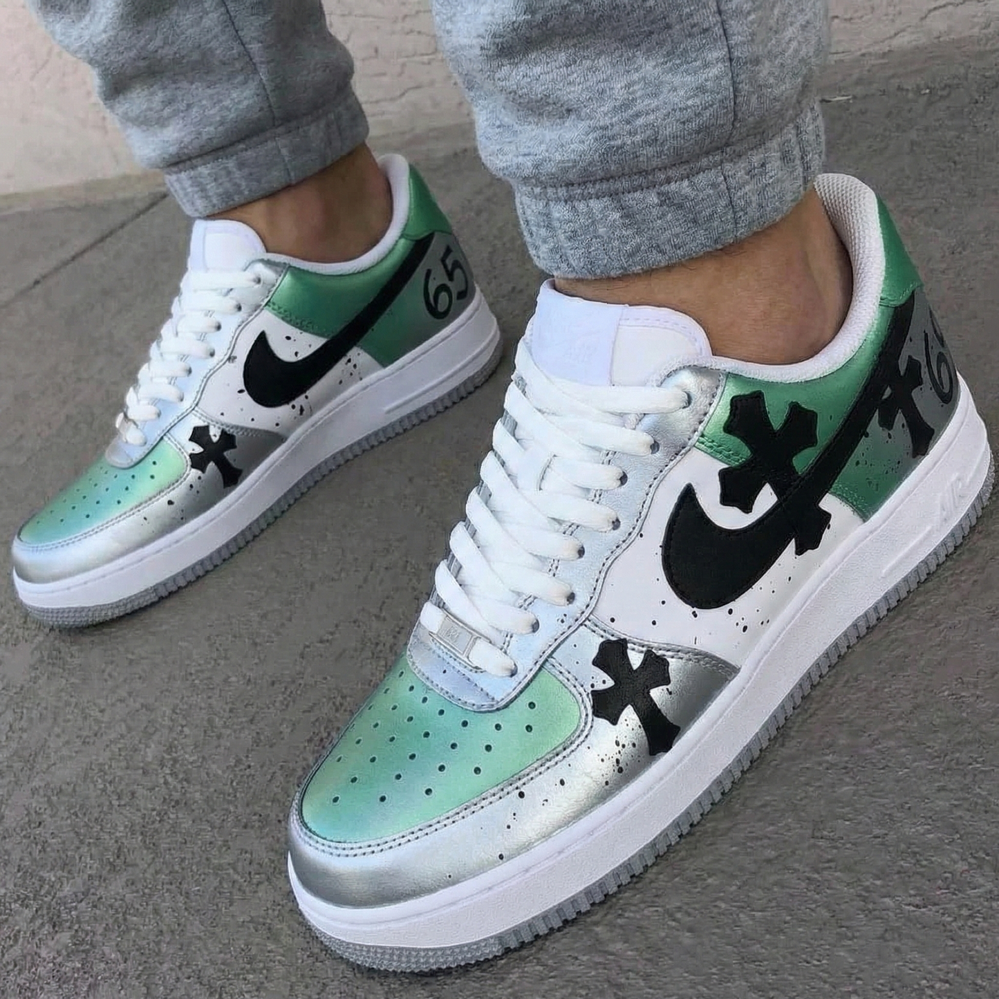 Green Silver Black Crosses Custom AF 1s Shoes