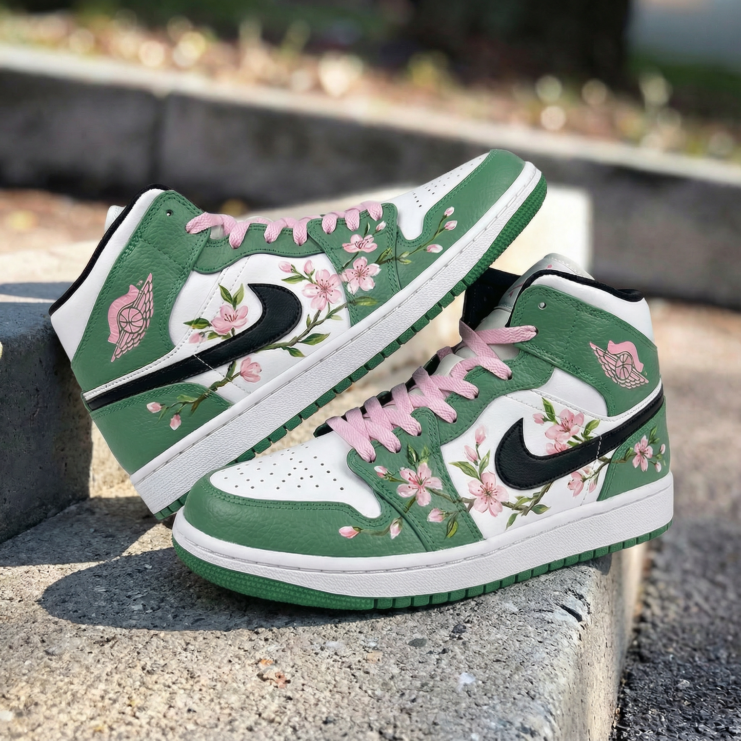 Green White Sakura Pattern Custom AJ 1s Shoes