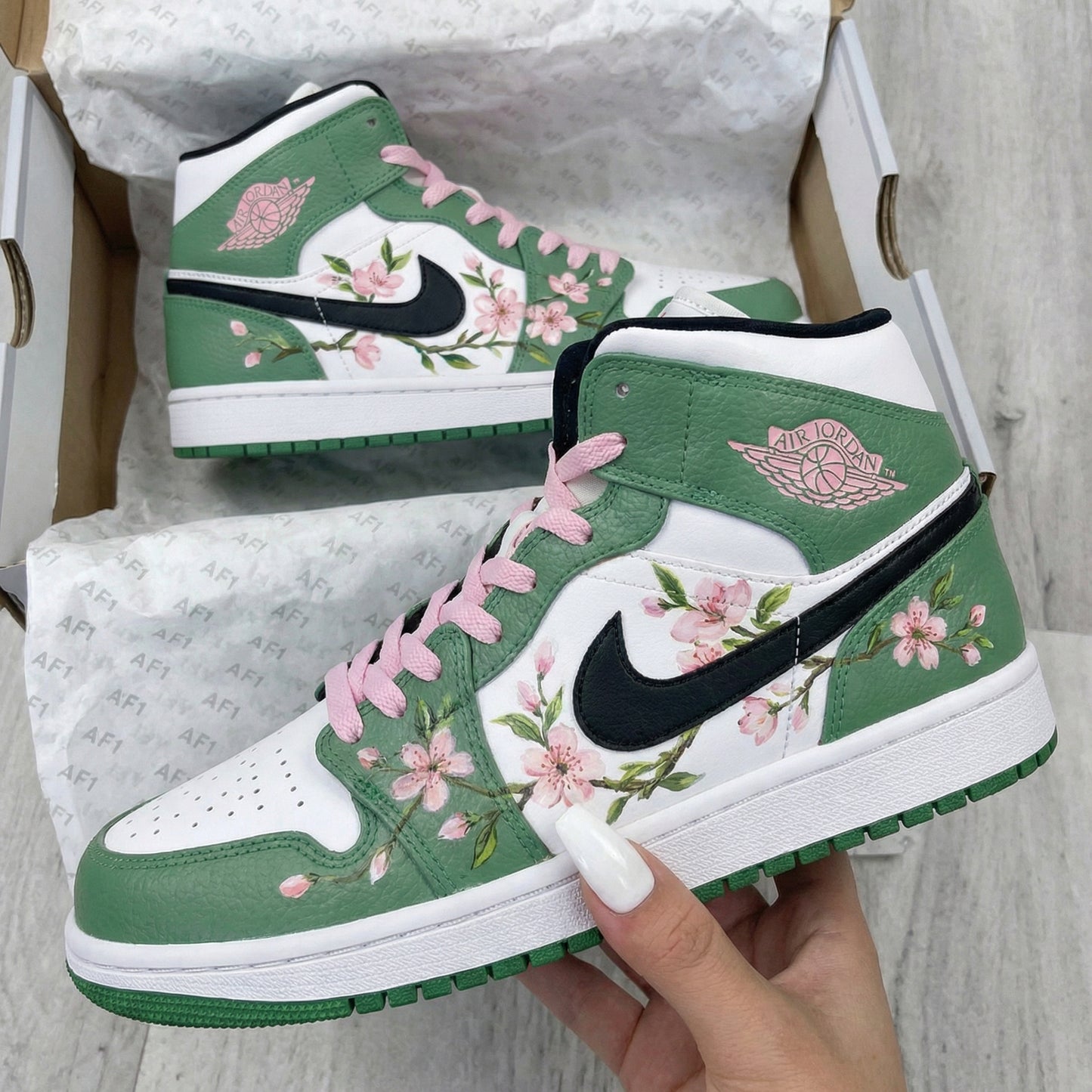 Green White Sakura Pattern Custom AJ 1s Shoes