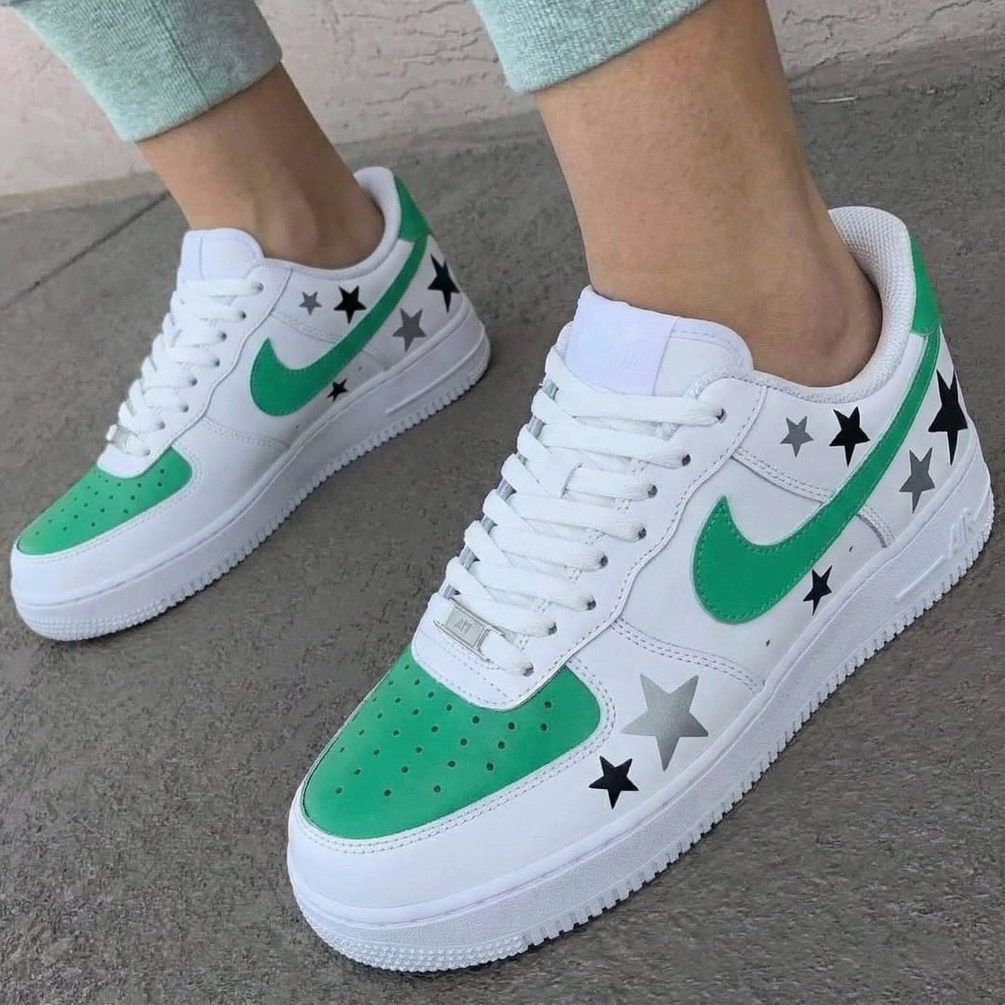 Green With Black And Gray Stars Custom AF 1s Shoes