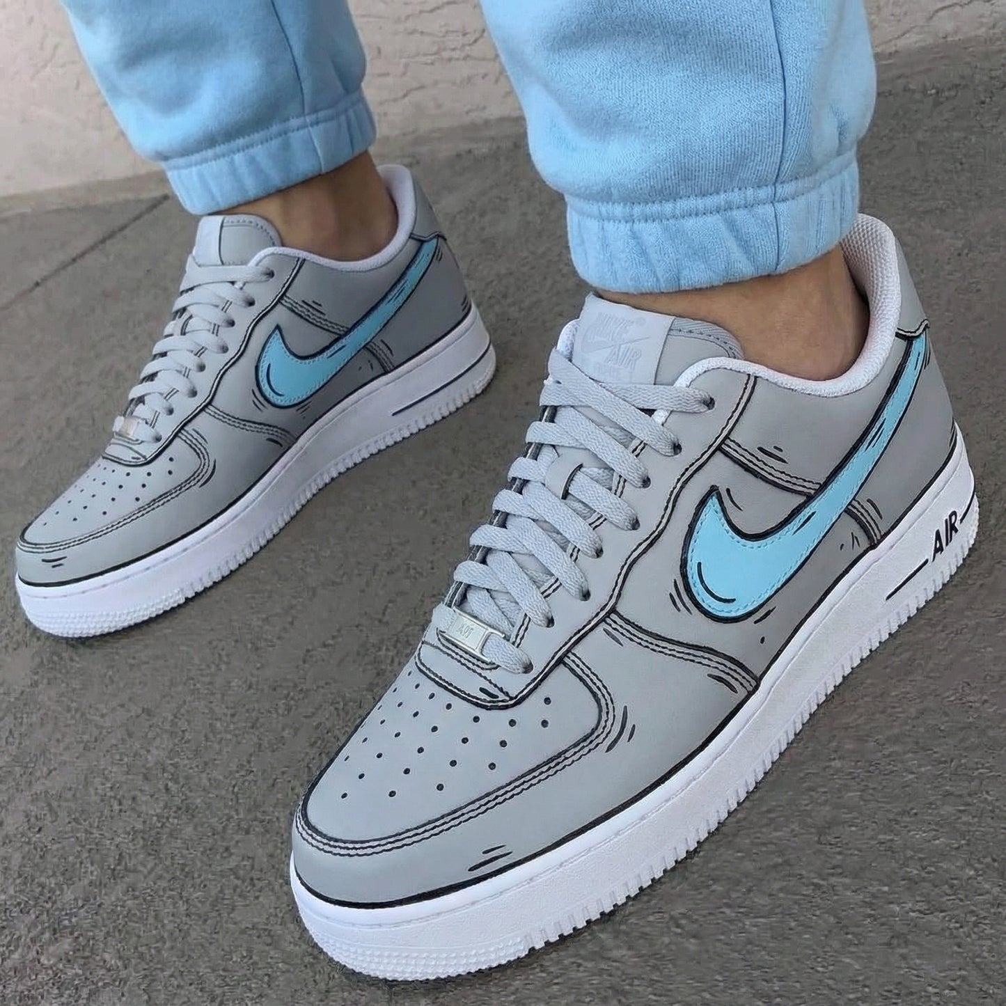 Grey And Baby Blue Cartoon Pattern Custom AF 1s Shoes